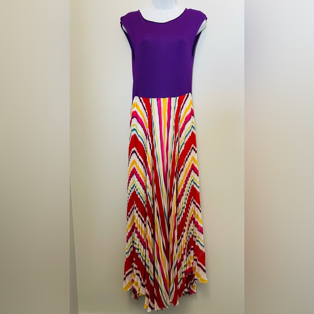 Alice + Olivia Purple Top pleated Multicolor Chevron Maxi Dress